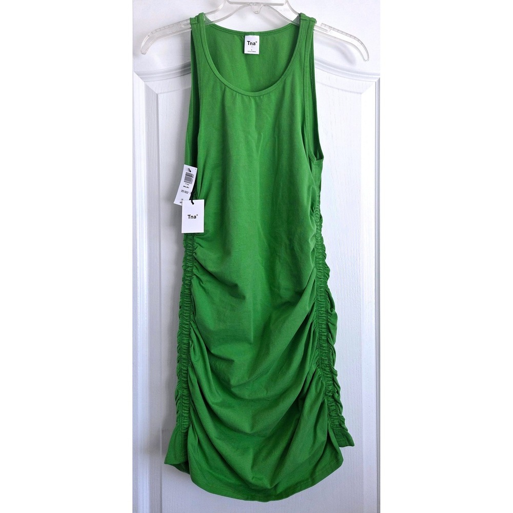 Tna Aritzia Chill Malibu Dress Vine Green Ruched Mini Sz L Bodycon Party Beach - Picture 2 of 7